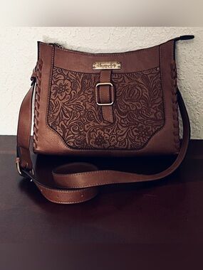 American Rag Tan Floral-Embossed Crossbody with Buckle Detail